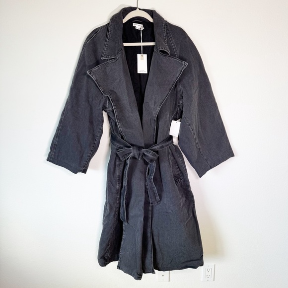 Good American Uniform Tie-Up Pockets Black‎ Wash Denim Trench Coat 2XL/3XL - Picture 5 of 15